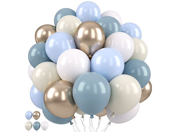 Cluster of pastel balloons in dusty blue, ivory white, and champagne gold, with a small inset showing color swatches.