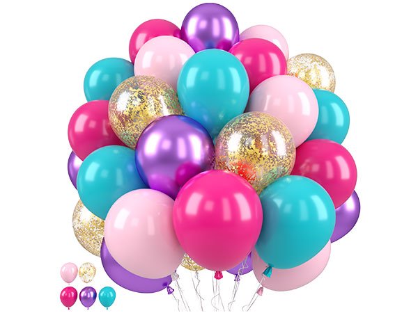 A large cluster of pastel and metallic balloons in pink, purple, teal, and gold confetti, with a smaller inset showing individual balloon colors.