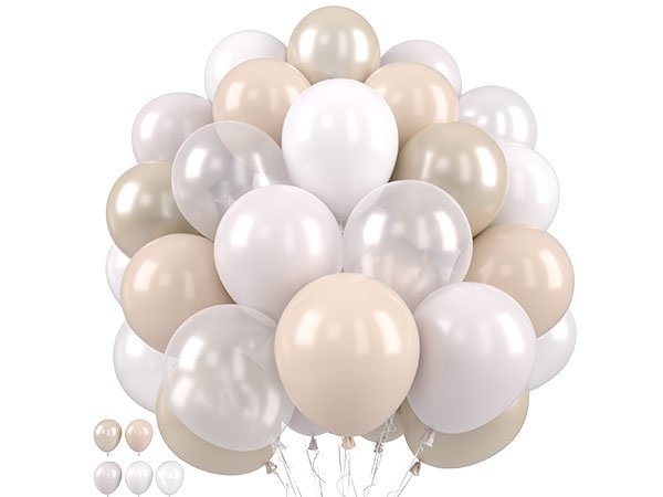 A large bunch of pastel balloons in dusty blue, ivory white, and champagne gold colors against a white background.