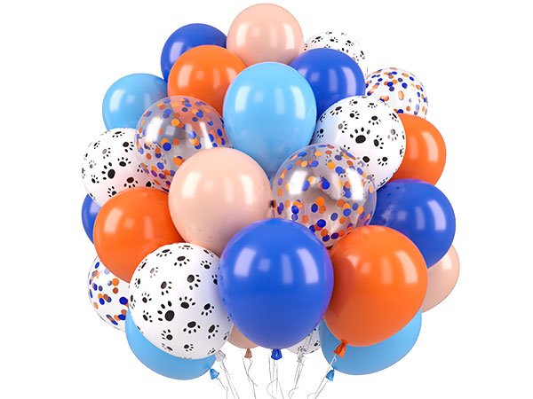 A cluster of 36-inch pastel balloons in blue, orange, and champagne gold, some with paw print and confetti designs.