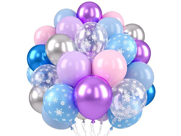 Cluster of 36-inch pastel balloons in dusty blue, ivory white, and champagne gold with snowflake designs