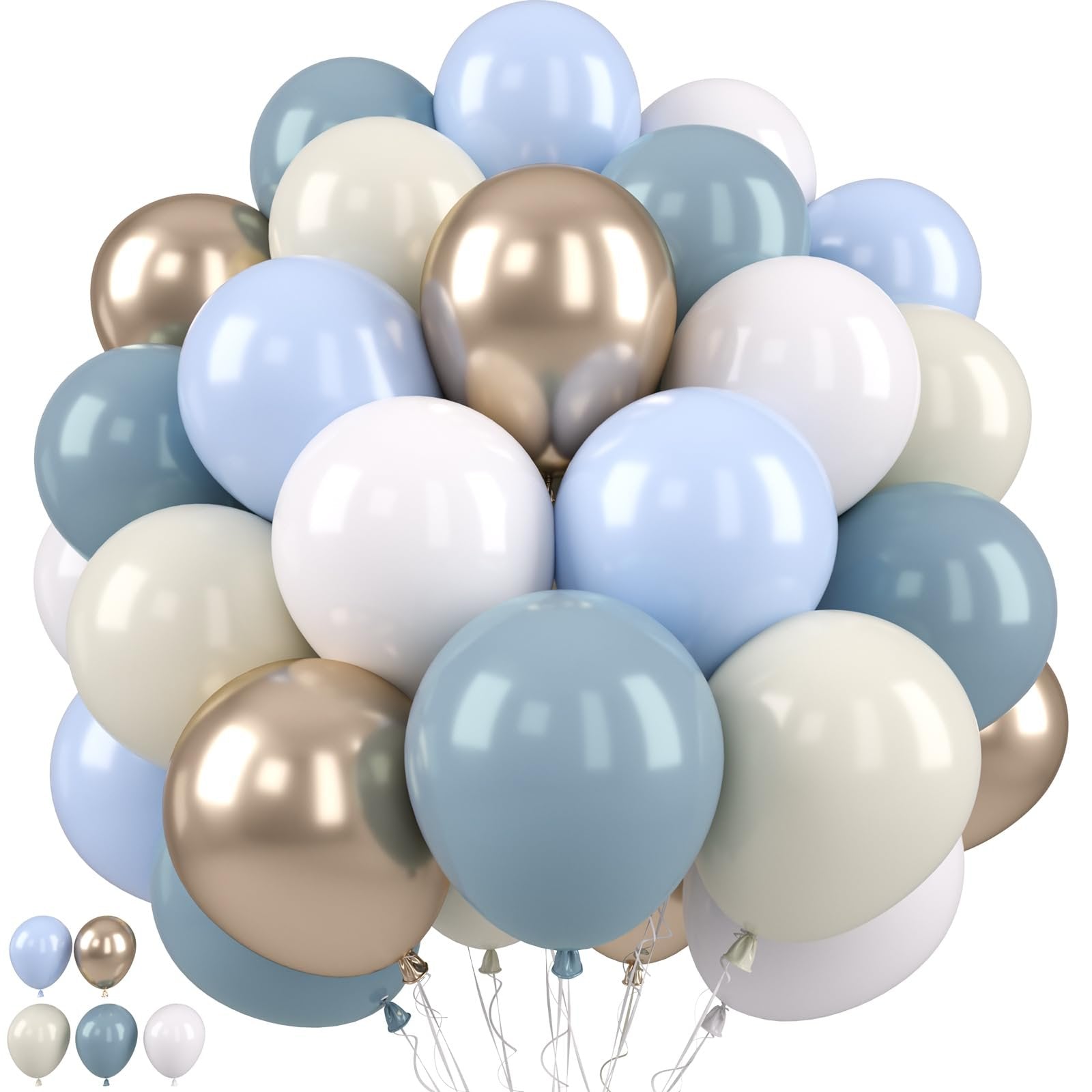 Cluster of pastel balloons in dusty blue, ivory white, and champagne gold, with strings attached.