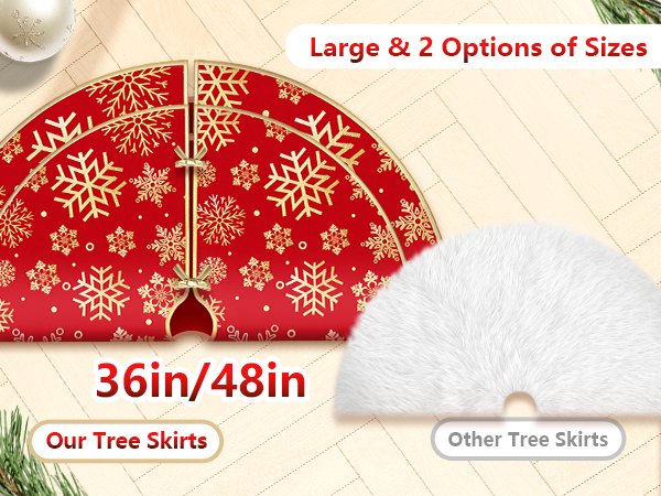 Two Christmas tree skirts, one red with gold snowflakes and one white faux fur, displayed on a light wood floor.