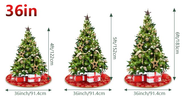 Three decorated Christmas trees with red snowflake tree skirts and gift boxes, showing size comparisons.