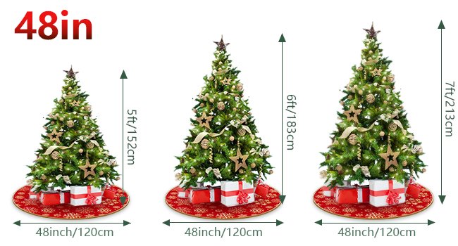 Three decorated Christmas trees of varying heights with red snowflake tree skirts and gift boxes underneath.