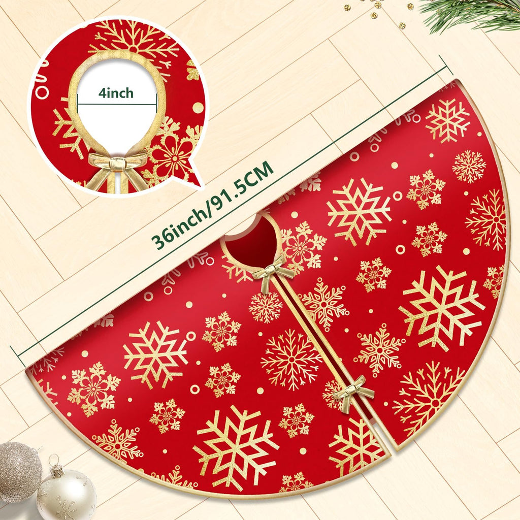 Red Christmas tree skirt with gold snowflakes and bows, showing dimensions 36 inches/91.5cm and 4 inches.