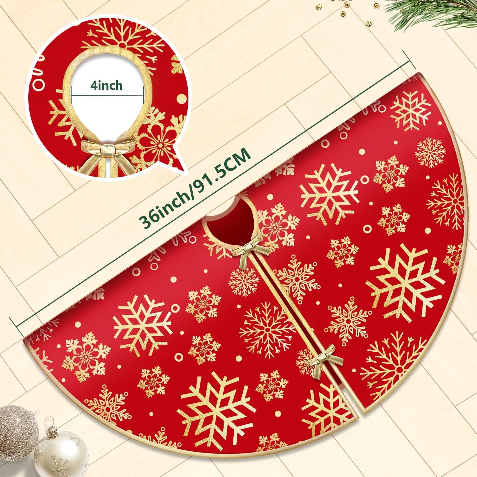 Red Christmas tree skirt with gold snowflakes and bows, showing dimensions 36 inches/91.5cm and 4 inches.