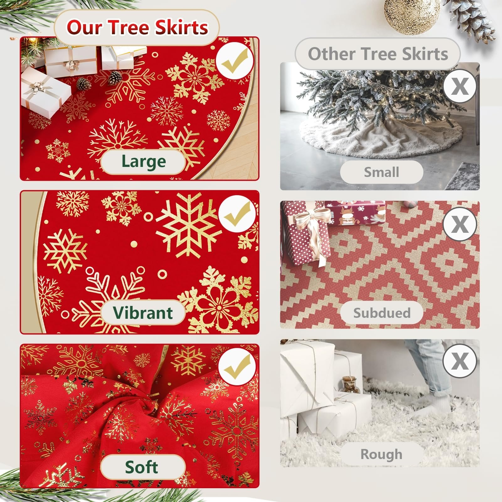 Collage of Christmas tree skirts showing different styles and textures, with text labels like Large, Vibrant, Soft, Small, Subdued, and Rough.