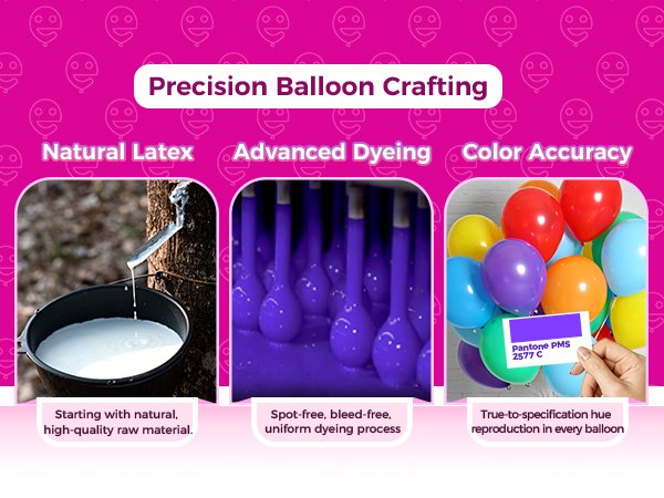 Collage showing latex sap collection, purple balloons being dyed, and a hand holding a Pantone color swatch next to colorful balloons.