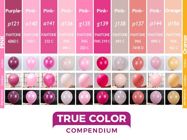 Color swatches and sample balloons in various shades of pink and orange, showing indoor and outdoor lighting conditions.