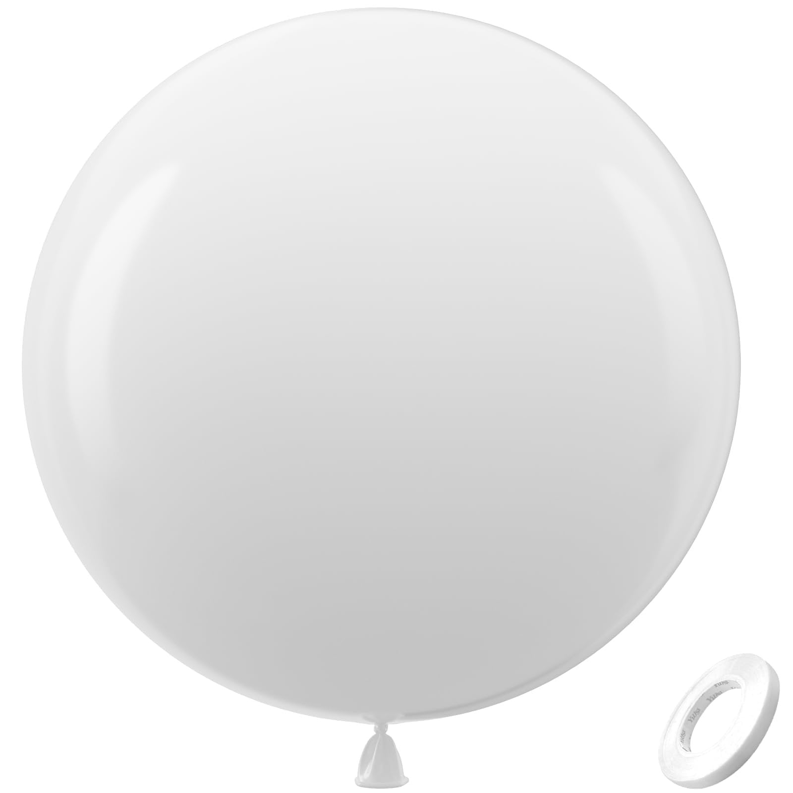 Large white latex balloon with a roll of white double-sided tape on a white background