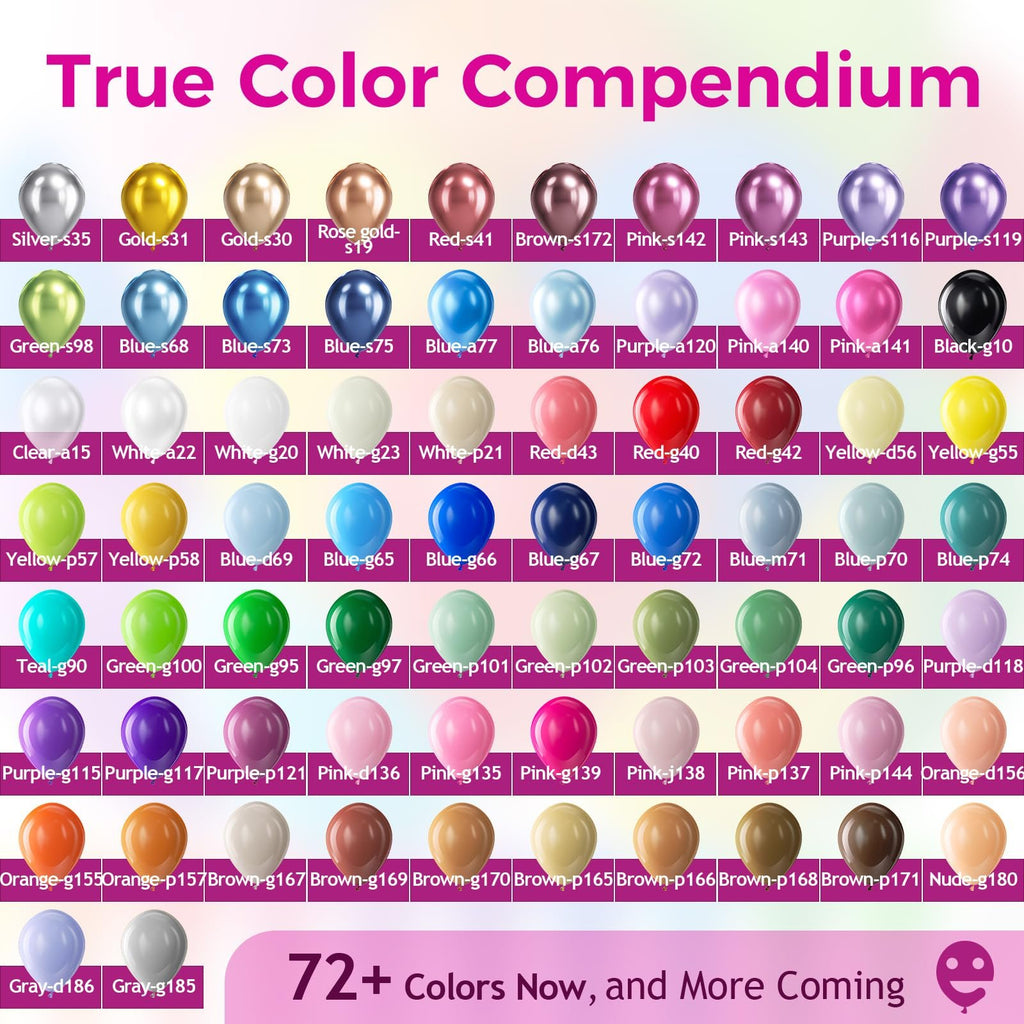 Color compendium of round latex balloons in various shades with color codes and names