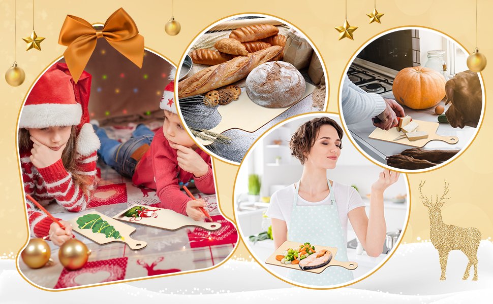 Collage of unfinished wood mini cutting boards with handles shown in various Christmas-themed scenes and kitchen settings.