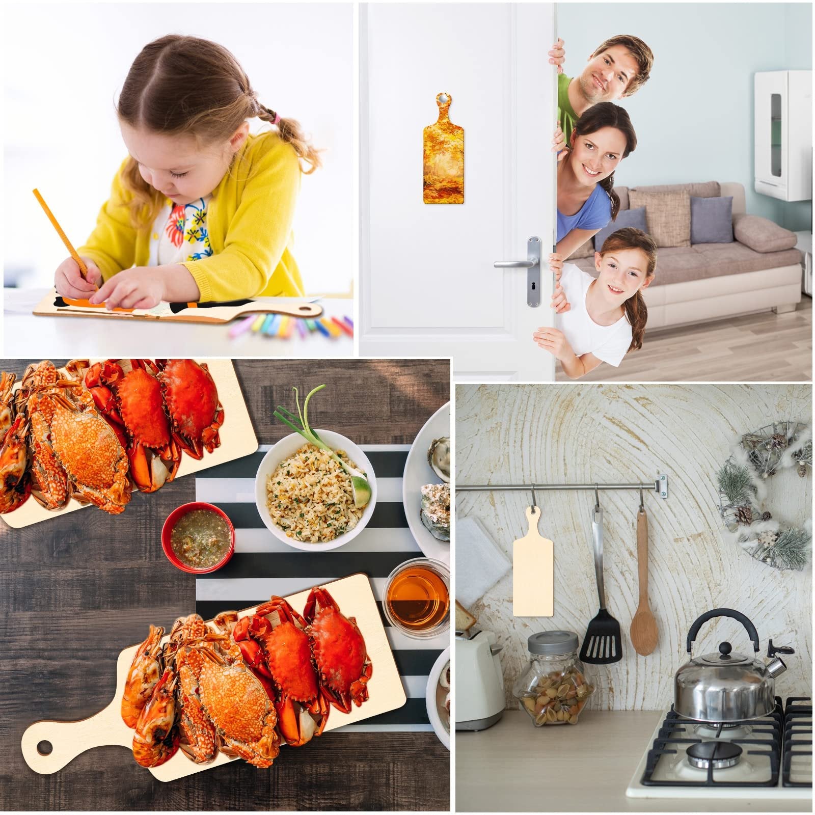 Collage of unfinished wood mini cutting boards with handles shown in various lifestyle and craft settings.