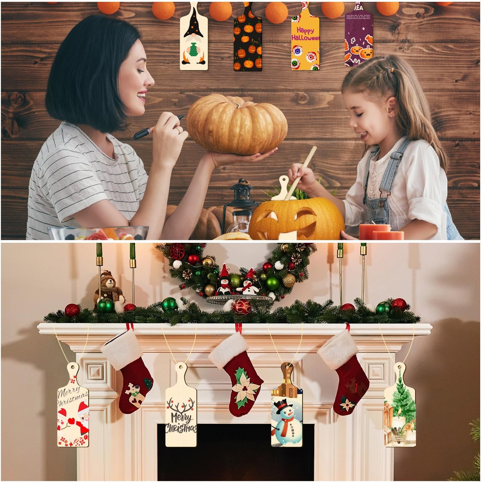 Mother and daughter carving pumpkins and decorating mini wooden cutting boards for Halloween and Christmas