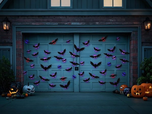 Halloween lighted bat decorations on a garage door with pumpkins and carved gourds below