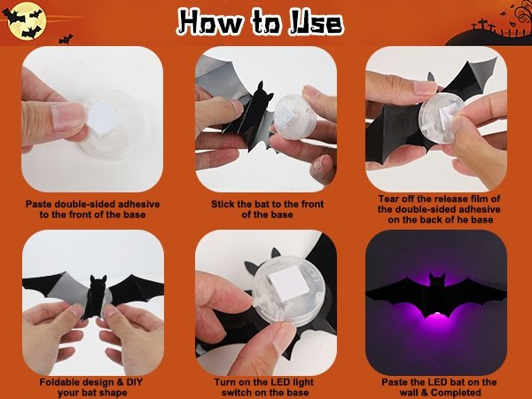 Collage showing how to assemble and use lighted Halloween bat decorations, including applying adhesive and turning on lights.