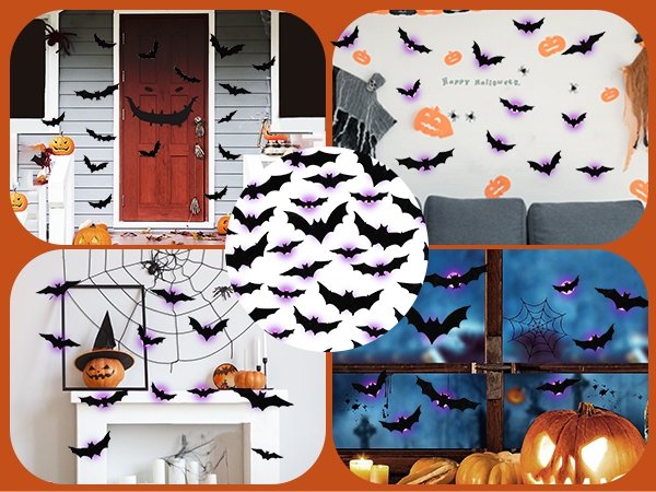 Collage of Halloween decorations featuring black 3D bat stickers with purple lights on doors, walls, windows, and a fireplace mantel.