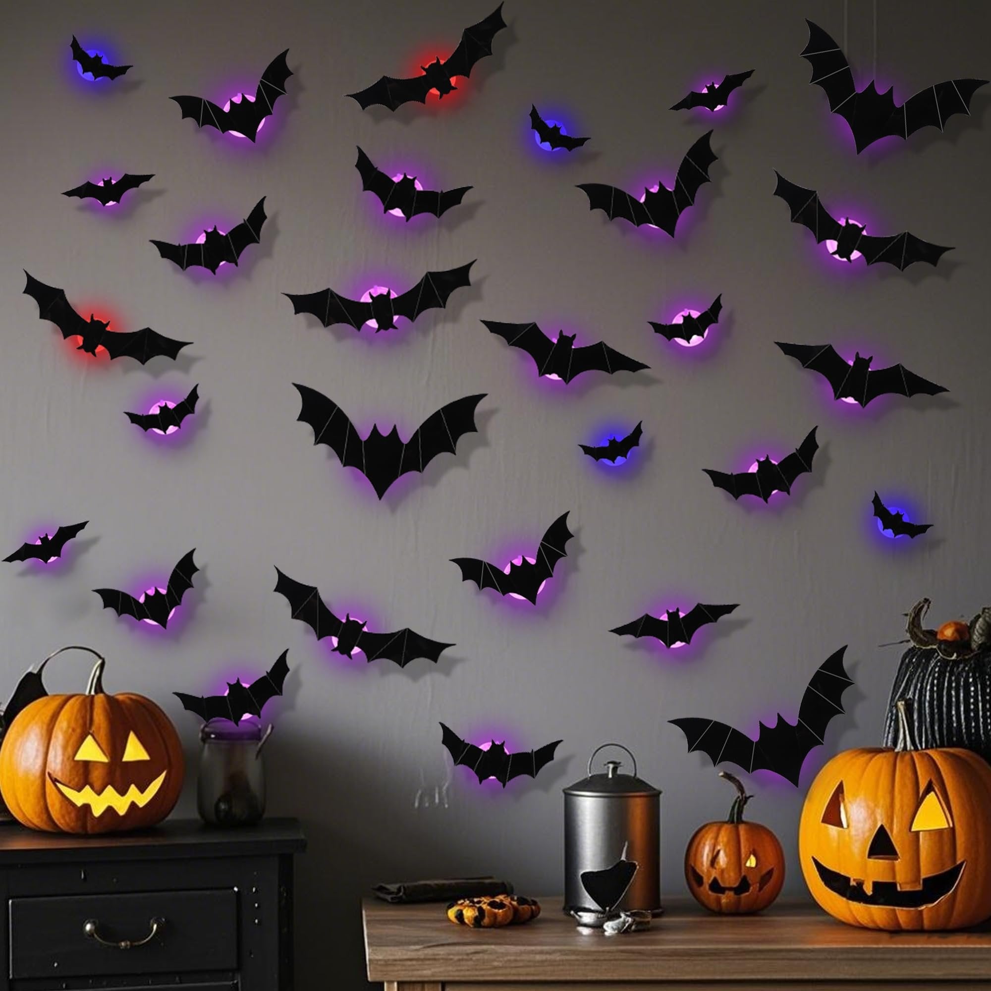 Halloween bat wall decor with LED lights and pumpkins on shelves