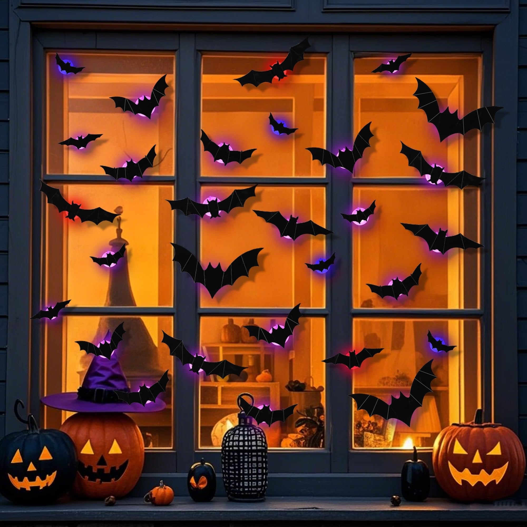 Halloween window decor with black 3D bat stickers and purple LED lights, plus jack-o'-lanterns and a witch hat.