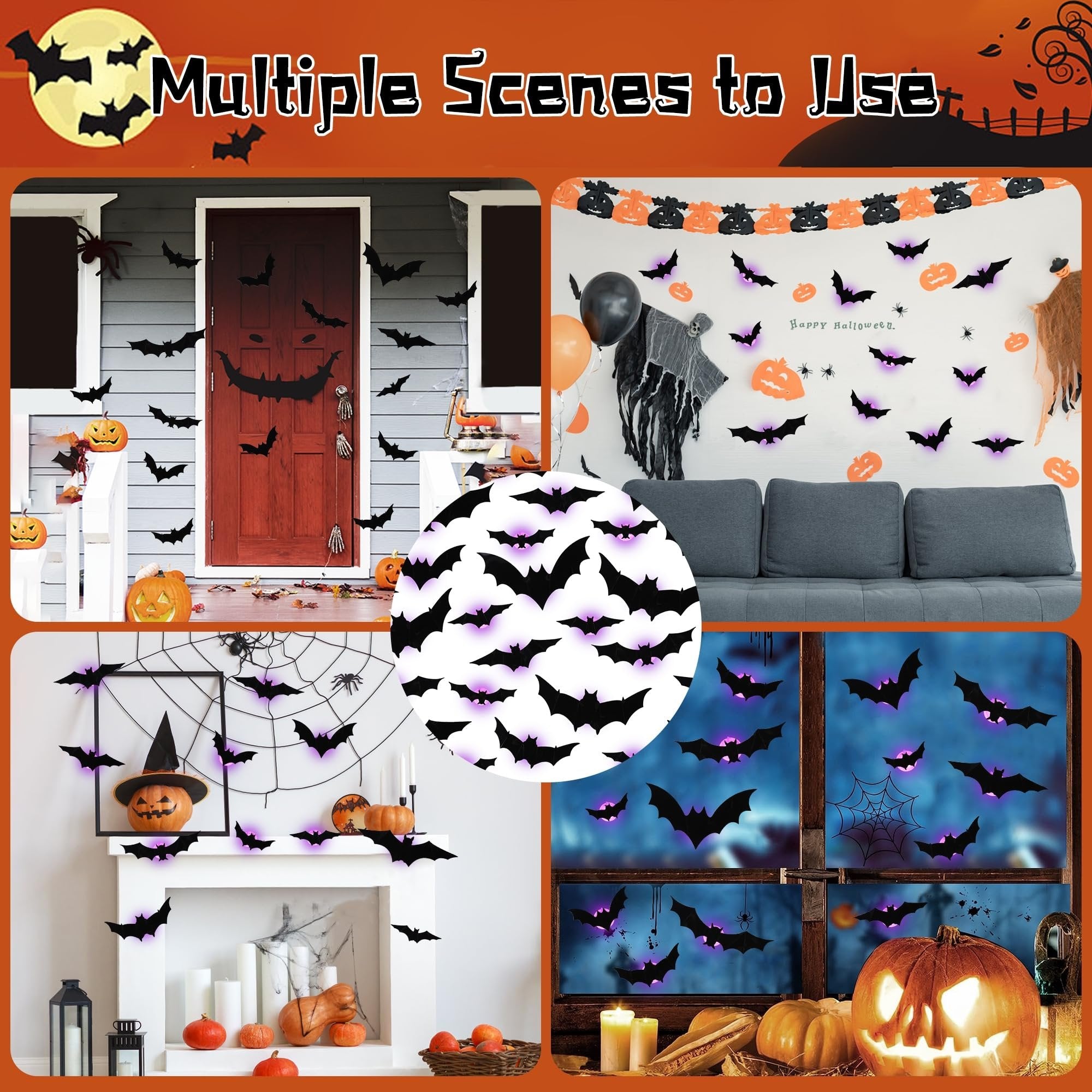 Collage of Halloween scenes decorated with black bat stickers and pumpkins. Includes outdoor porch, indoor wall, fireplace, and window displays.