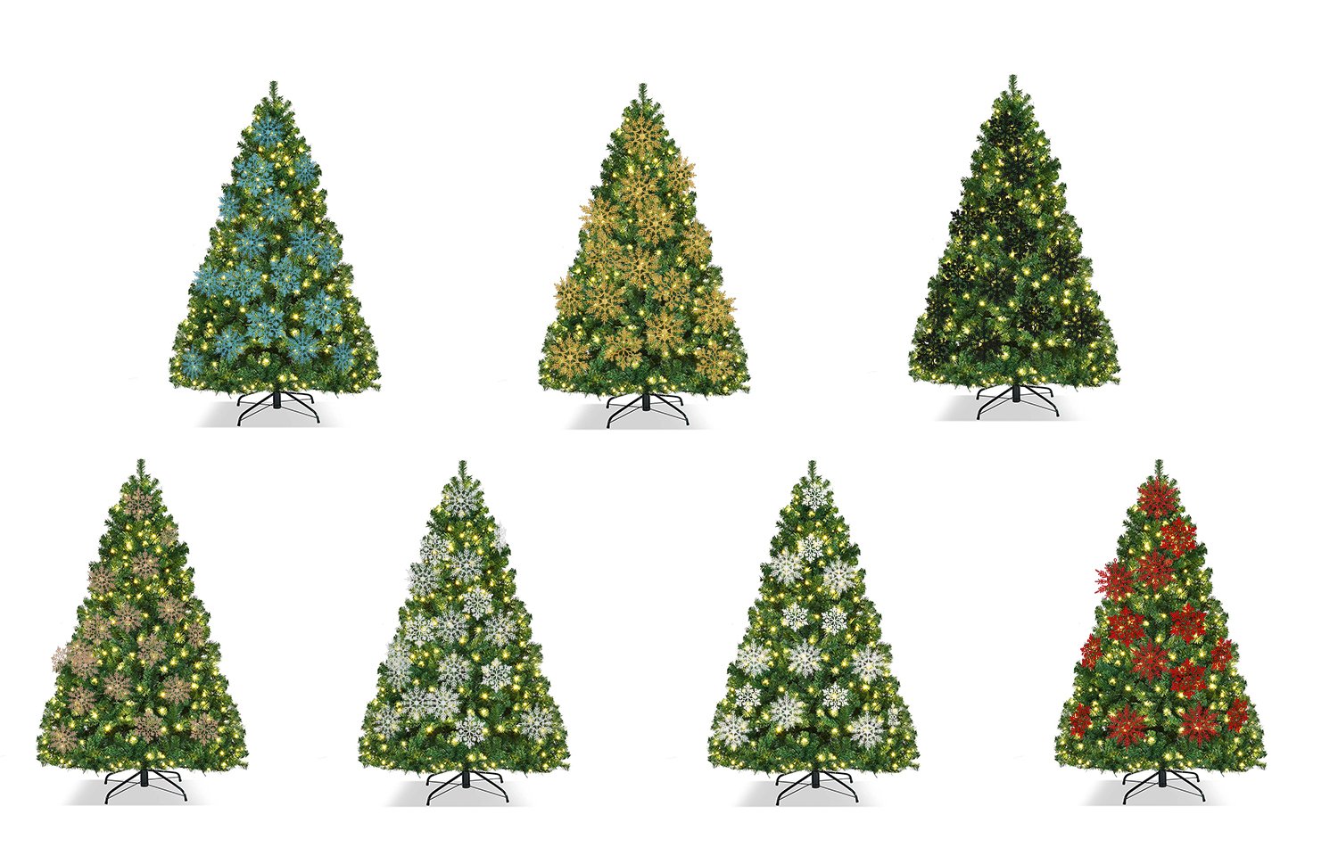 Seven Christmas trees decorated with various styles of glitter snowflake ornaments and lights