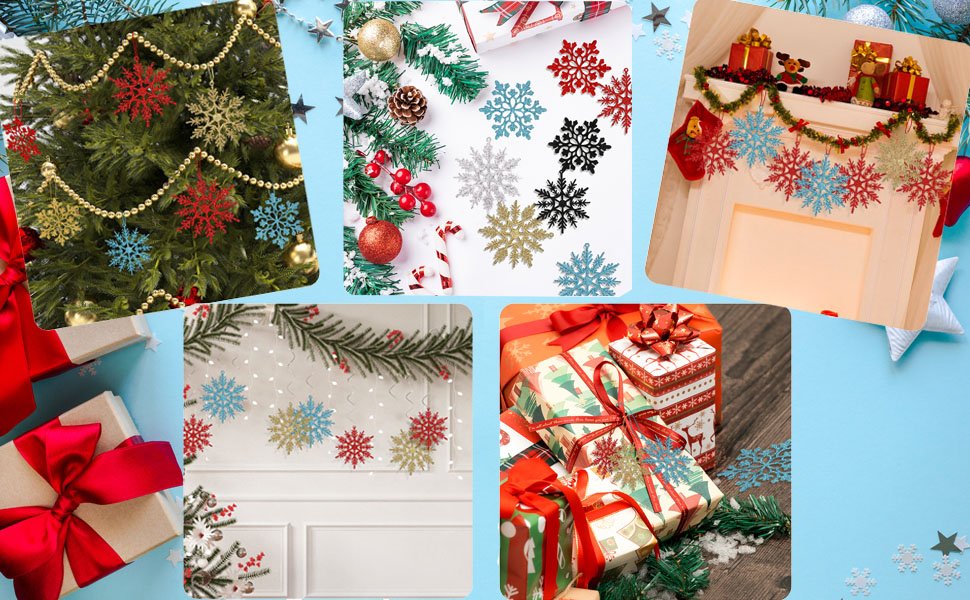 Collage of Christmas scenes featuring glitter snowflake ornaments on a tree, mantel, and gifts.