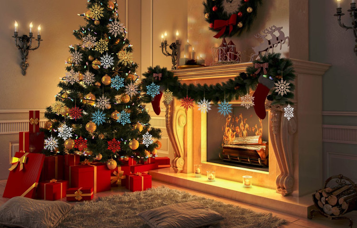 Christmas tree decorated with glitter snowflake ornaments and red gift boxes below, next to a fireplace with stockings and a wreath.