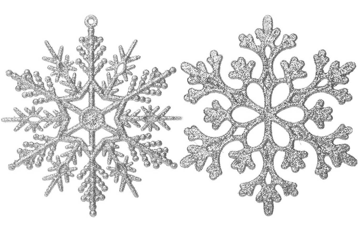 Two silver glitter snowflake ornaments on a white background, showing two different styles.