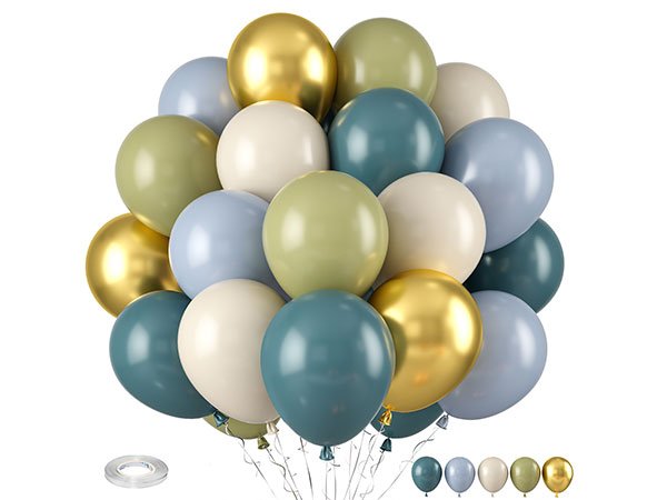 A large bunch of assorted latex balloons in dusty blue, sage green, retro sea blue, sand white, and metallic gold, with a roll of balloon tape at the bottom.