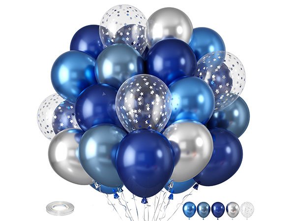Assortment of 12-inch latex balloons in blue, silver, and clear with stars, plus a roll of balloon tape.