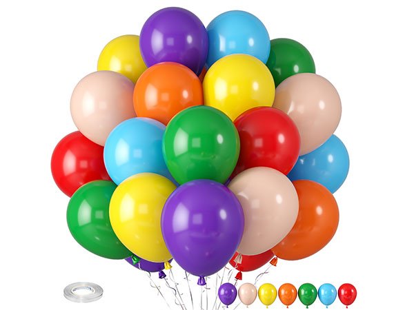 A large bunch of assorted color 12-inch latex balloons with a roll of adhesive tape and a row of single balloons at the bottom.