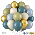 Bunch of 36-inch latex balloons in dusty blue, sage green, retro sea blue, sand white, and metallic gold colors, with a roll of balloon tape.