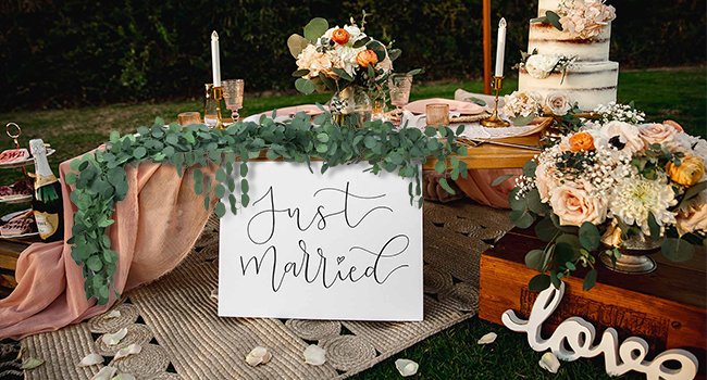 Artificial eucalyptus garland draped over a wedding reception table with a 'Just Married' sign and cake