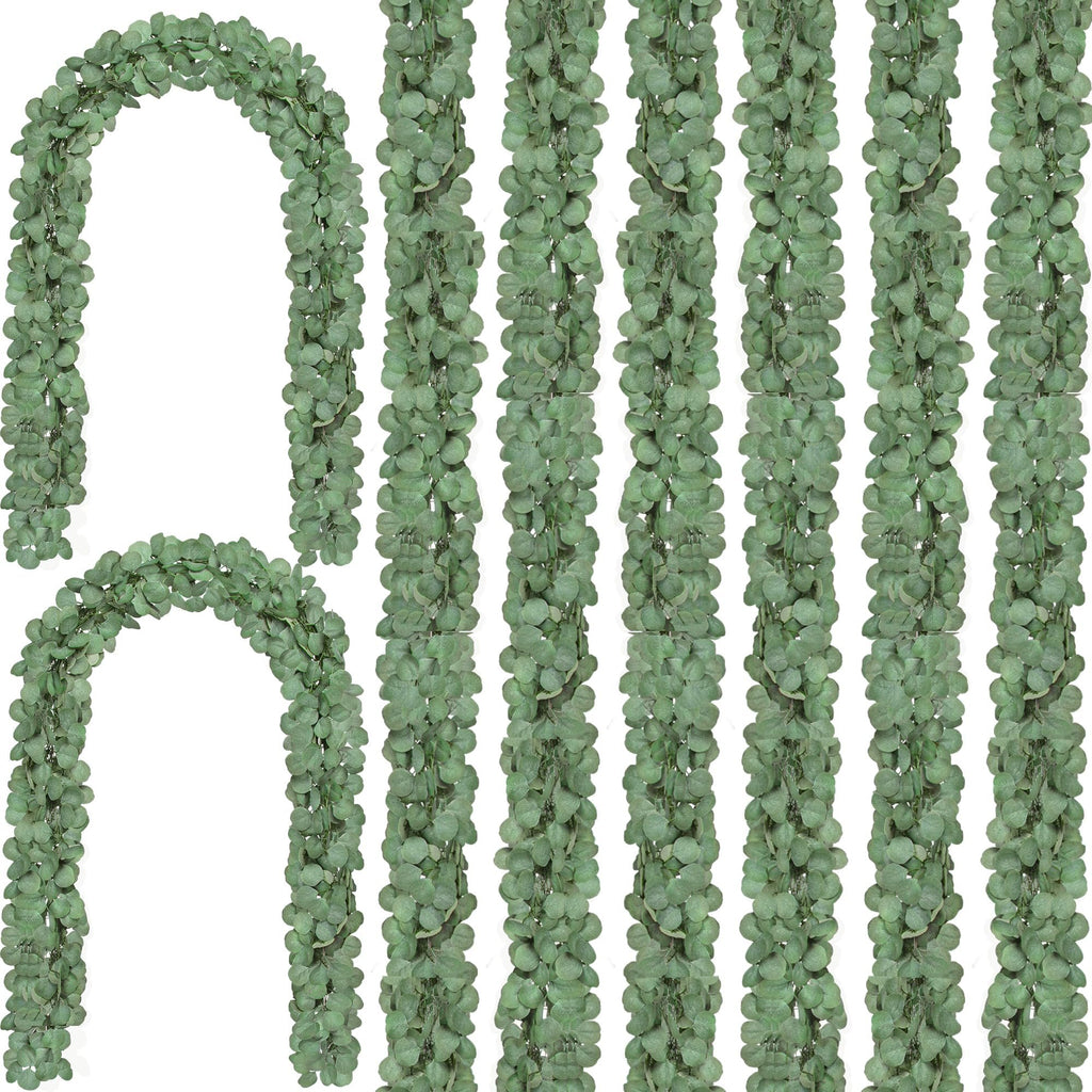 Two arched and multiple hanging artificial eucalyptus garlands with 96 leaves each on a white background