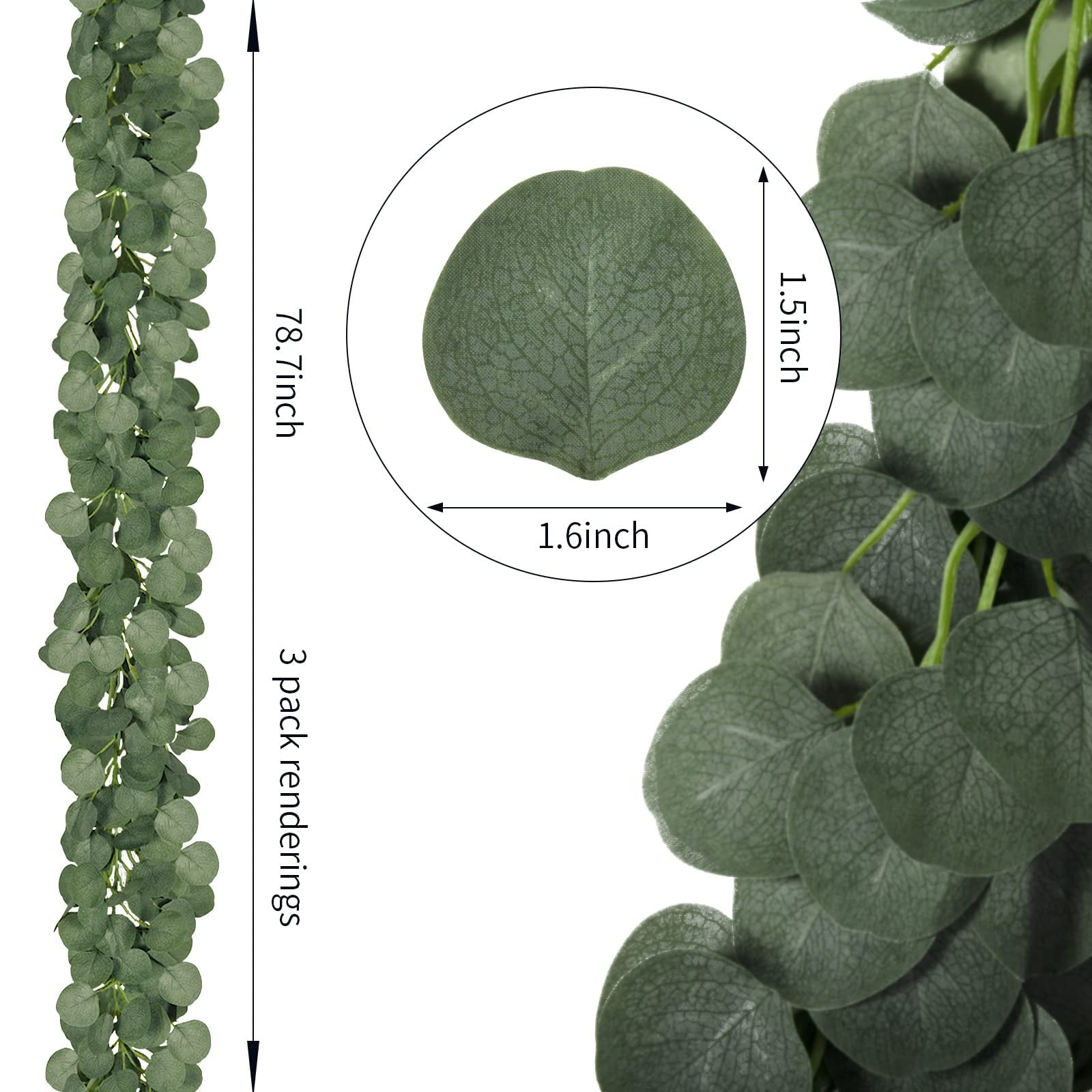 Artificial eucalyptus garland with detailed leaves and size callouts for leaf dimensions and garland length.