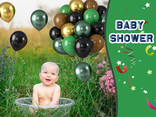 Baby sitting in a tub outdoors with camouflage balloons floating above, and a green banner with 'BABY SHOWER' text.
