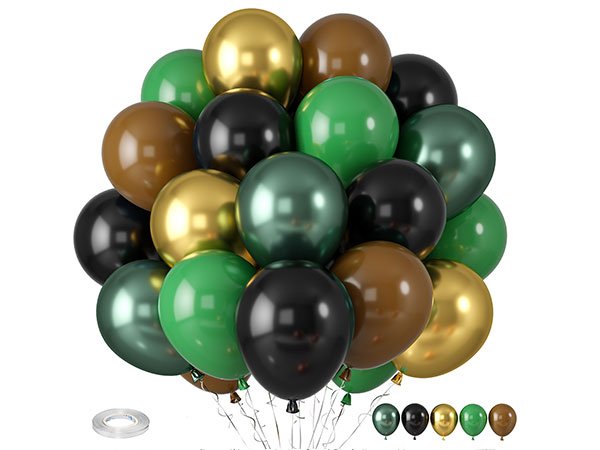 Cluster of 36 camouflage-themed latex balloons in green, brown, black, and gold, with a roll of balloon tape and color swatches below.