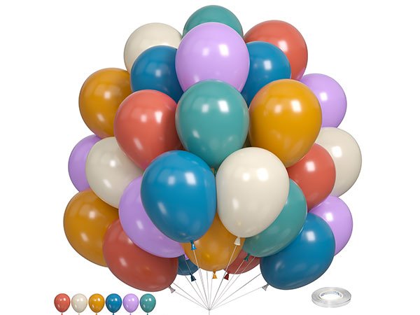 A large bunch of 36 assorted color 12-inch latex balloons, including green, brown, gold, and purple, with a roll of ribbon at the bottom.