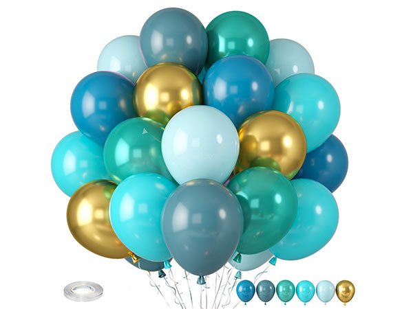 Cluster of 36-piece camouflage latex balloons in various shades of blue, teal, gold, and grey, with a roll of ribbon at the bottom.