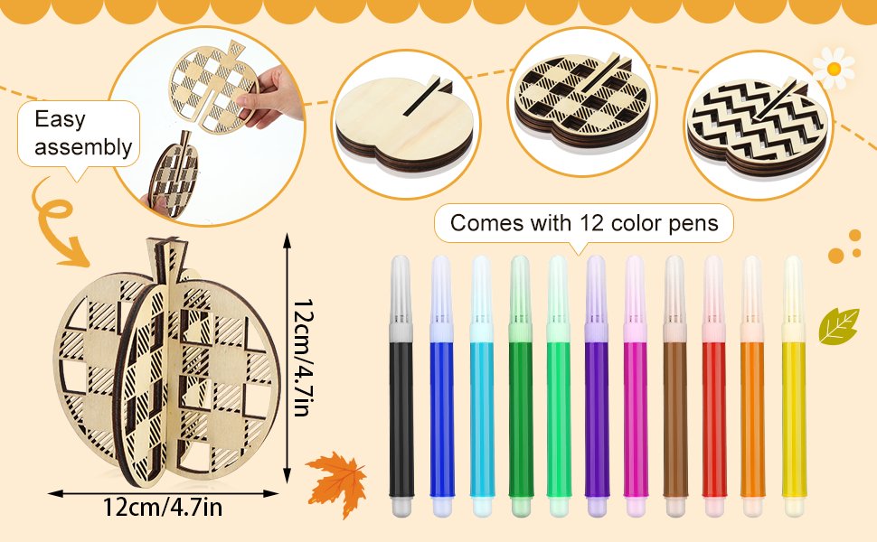 3D wooden pumpkin craft kit with 12 colored markers and assembly instructions