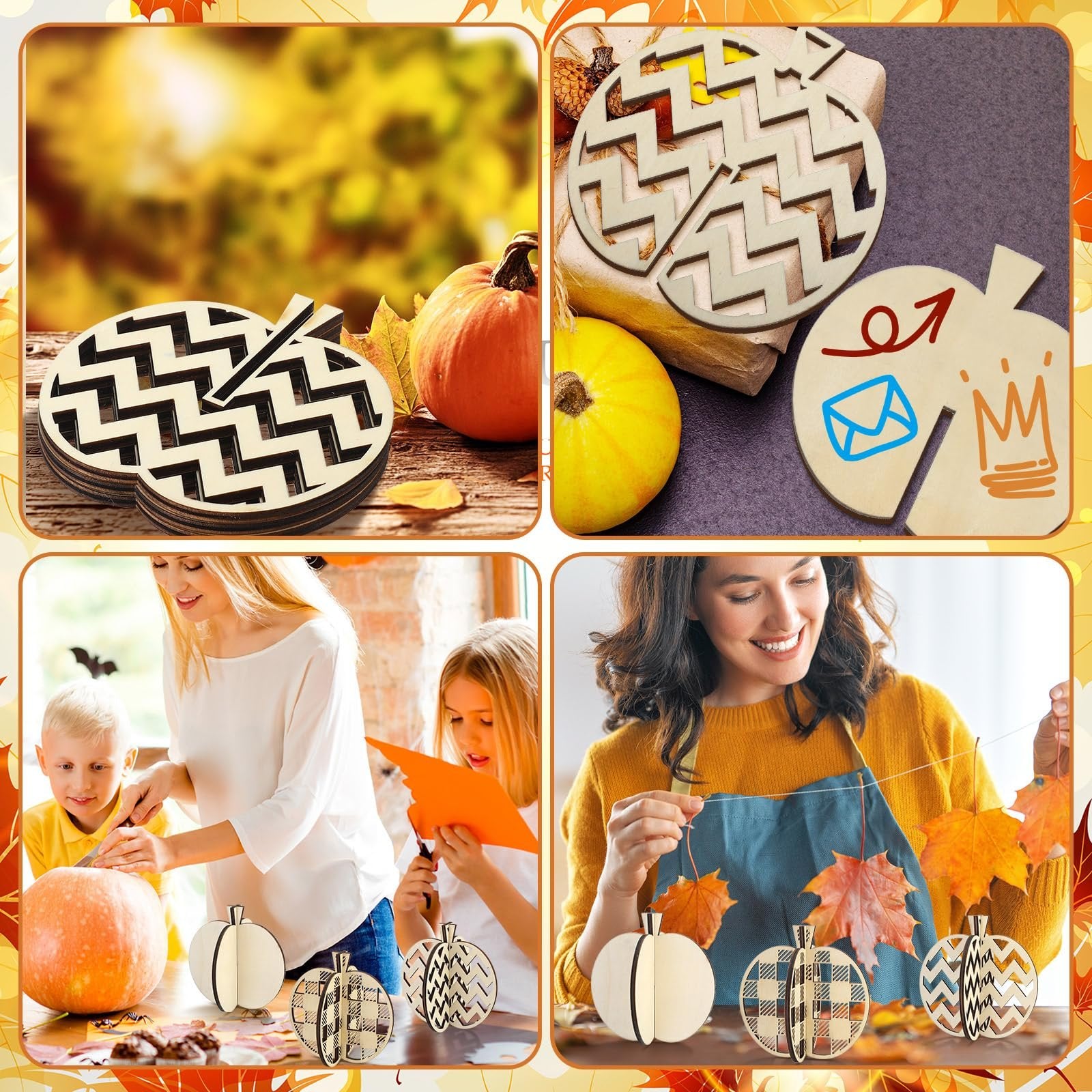 Collage of fall craft kit: wooden pumpkin cutouts, family crafting, woman making leaf garland.