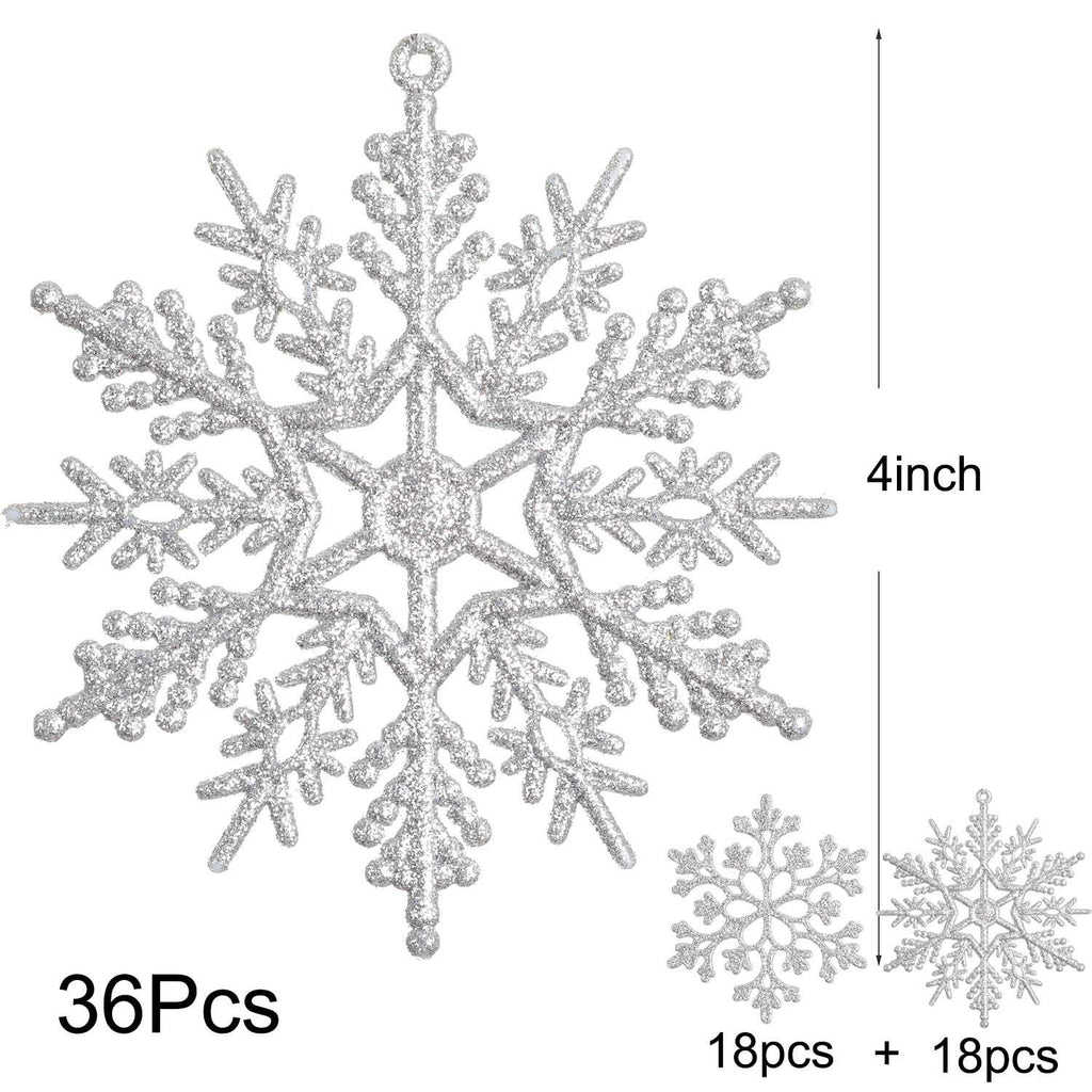 Silver glitter snowflake Christmas ornaments, one large and two small, with size and quantity callouts.