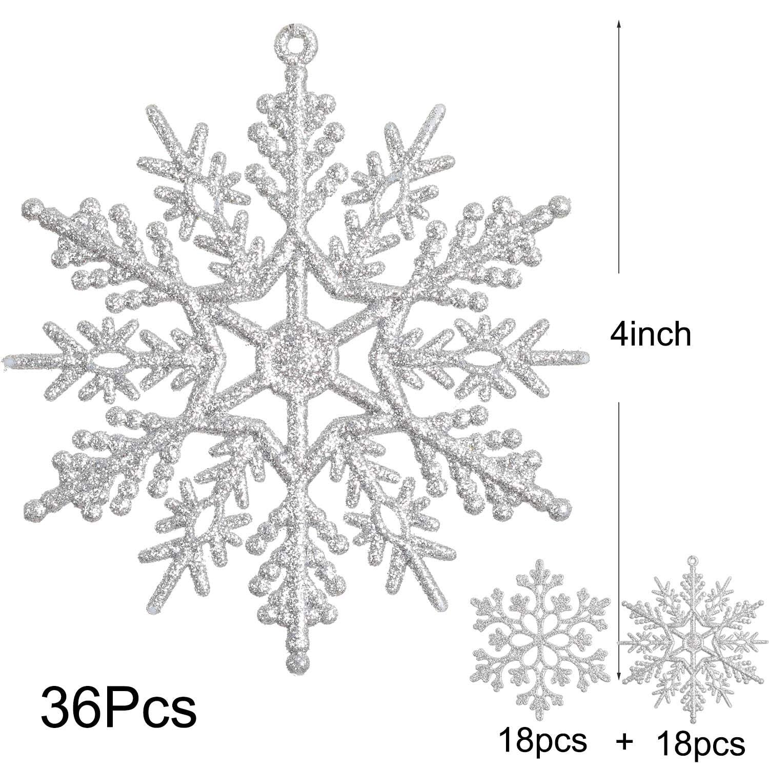 Silver glitter snowflake Christmas ornaments, one large and two small, with size and quantity callouts.