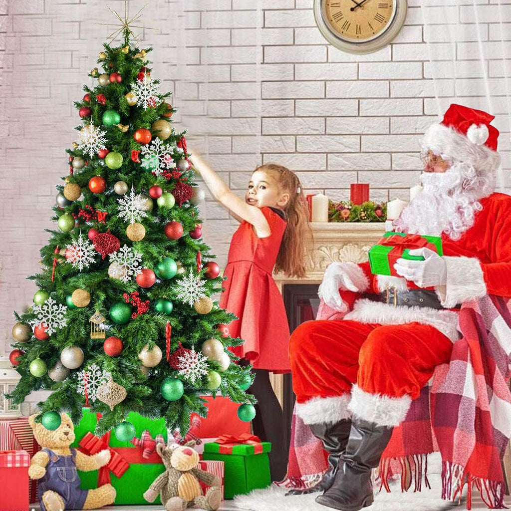 Christmas tree decorated with ornaments, a girl hanging an ornament, and Santa Claus sitting with a gift.