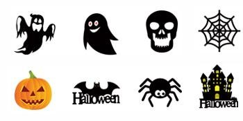 Halloween hanging swirl decorations including ghosts, skull, spider web, pumpkin, bat, spider, and haunted house.