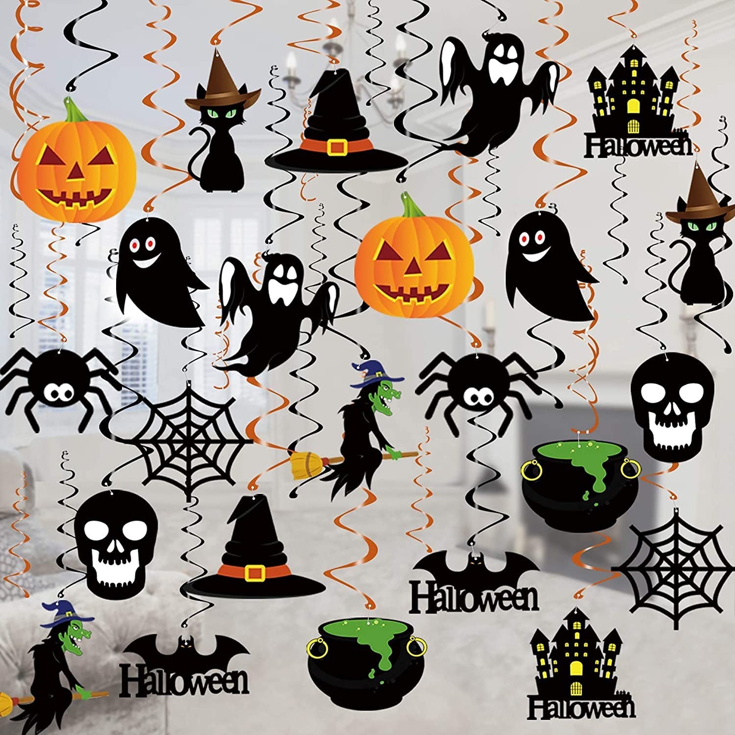 Halloween hanging swirl decorations featuring pumpkins, ghosts, witches, bats, skulls, and haunted houses.