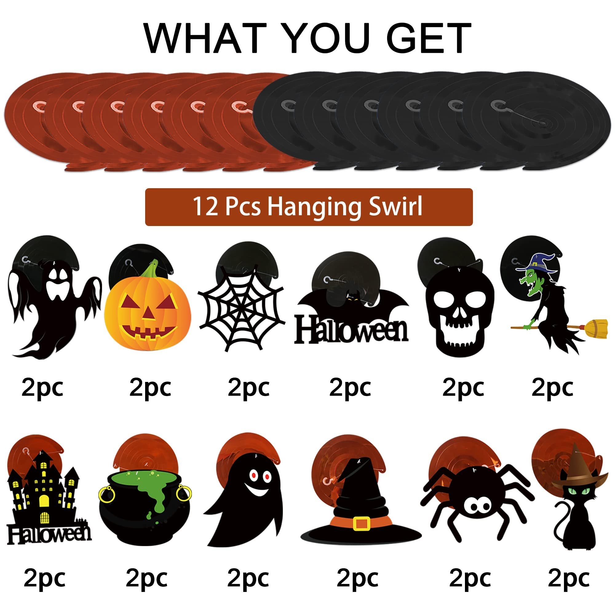 Halloween hanging swirl decorations including ghost, pumpkin, spiderweb, bat, skull, witch, haunted house, cauldron, hat, spider, and cat designs.