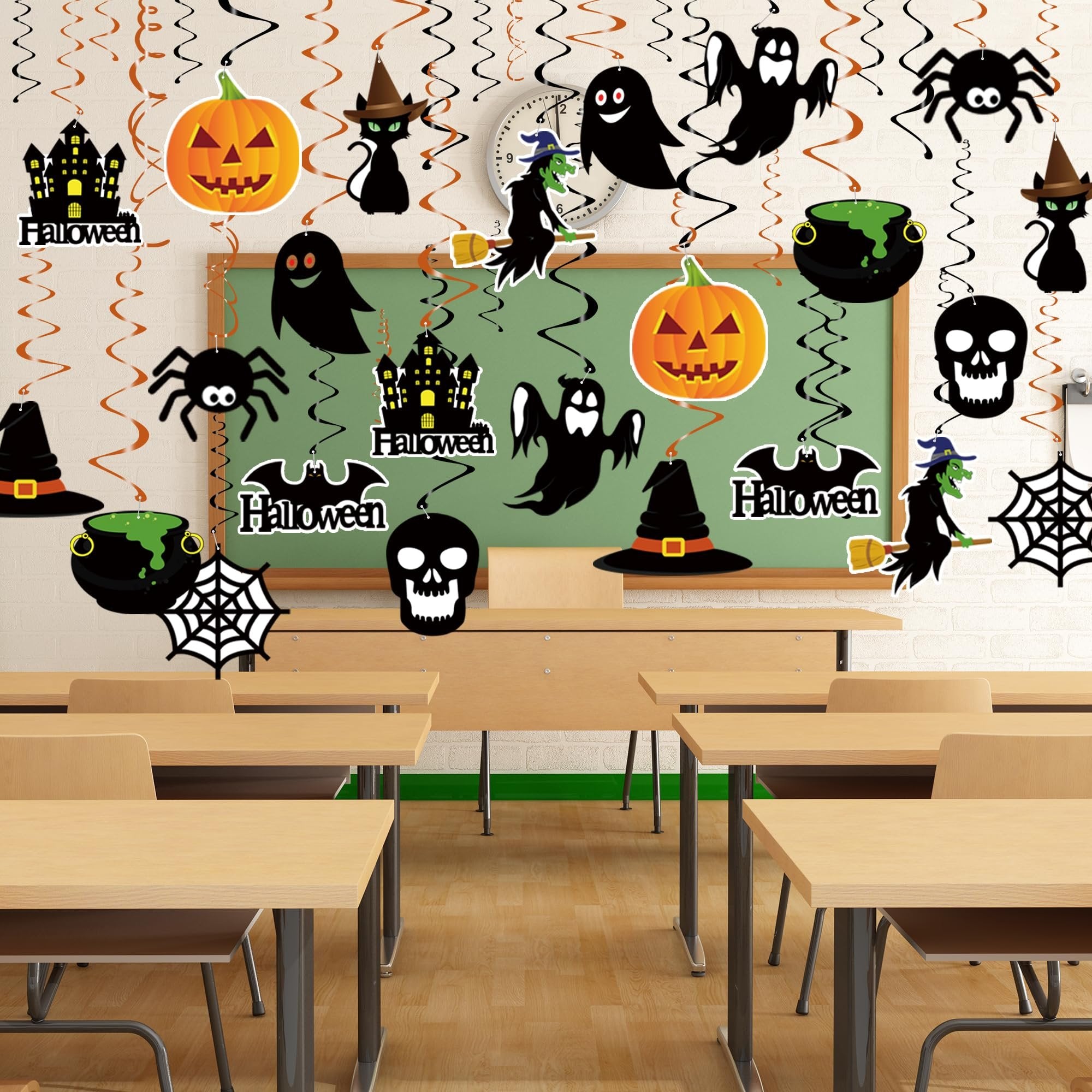 Halloween hanging swirl decorations featuring pumpkins, ghosts, bats, witches, spiders, and haunted houses displayed in a classroom setting.