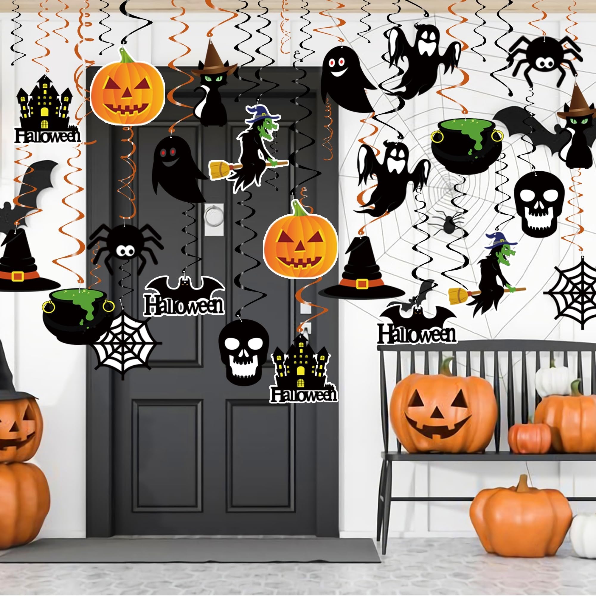 Halloween hanging swirl decorations featuring pumpkins, ghosts, bats, witches, spiders, and haunted houses, displayed on a door and porch.